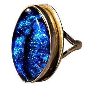 Vintage Iridescent Blue Dichroic Glass & Sterling Silver Artisan Ring